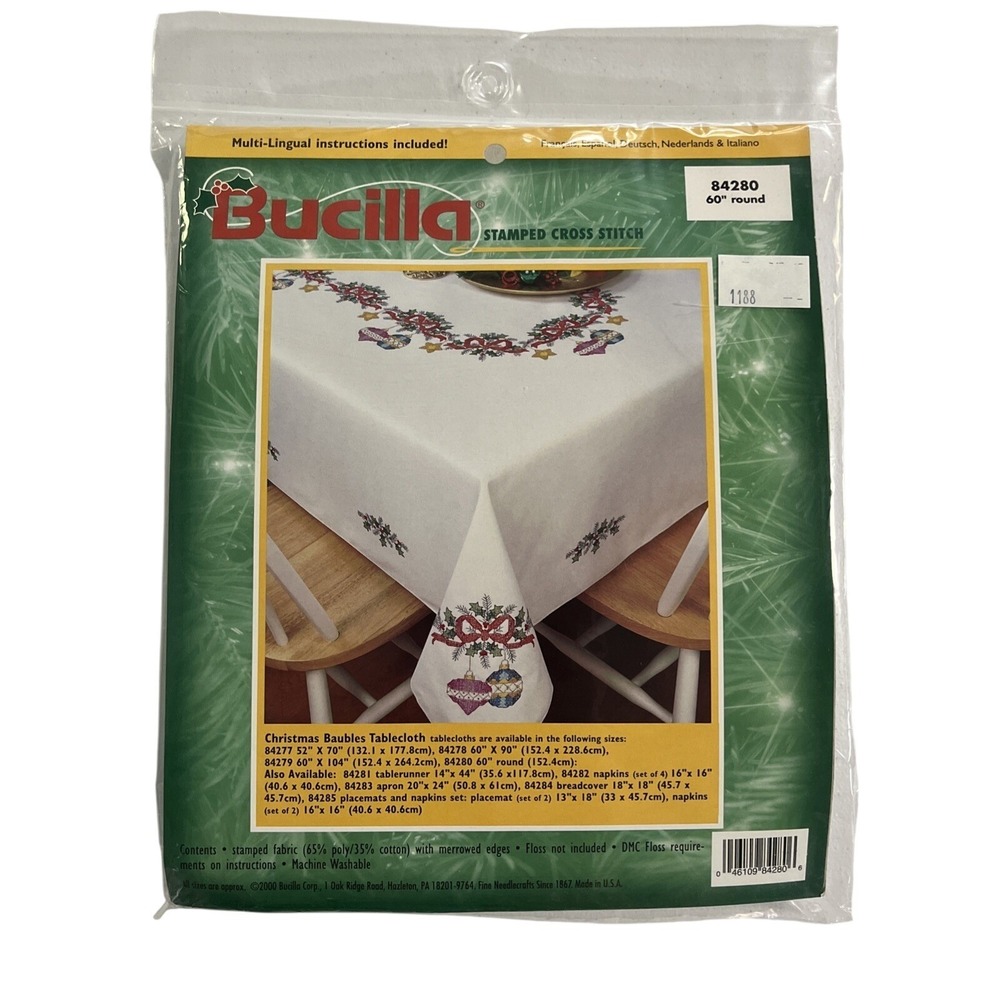 Bucilla Stamped Cross Stich Christmas Baubles Tablecloth 84280 60" Round Holiday